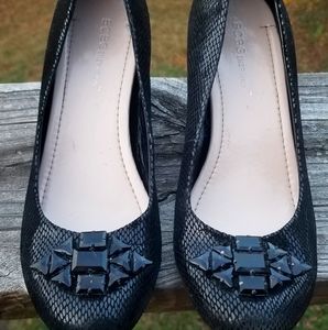 BCBG Black wedges, leather with snake skin  pattern. Black crystal on the toes.